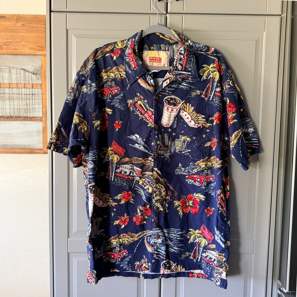 In-N-Out Burger Vintage California All Over Print Hawaiian Shirt, Navy Red,XL
